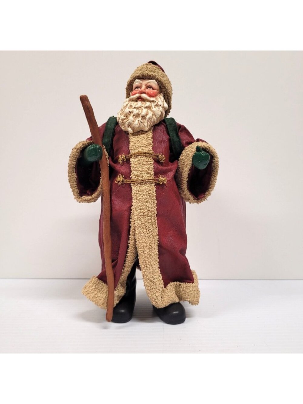 Santa Claus Figurine Clothtique Fabric Mache With Stocking & Staff 10'' No Box